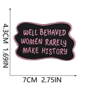 Detail of embroidered patch featuring pink text on black fabric with precise measurements - Rectangle Pink Black WELL BEHAVED WOMEN Slogan (132-04)