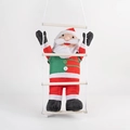 Hanging Santa Claus climbing on white rope ladder in classic red and green festive outfit - Reindeer Suit Climbing Ladder Style