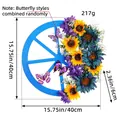 Blue wooden wheel wreath featuring sunflowers and butterflies for wall decoration - H2-13 Blue Sunflower Wagon Wheel Wreath
