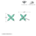 Macro detail of 925 silver clover studs with green zircon and dimensional measurements - 925 Silver / 925 Silver Plated Platinum + Emerald Zirconia