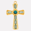 Golden stainless steel cross pendant with light and dark blue crystals on white background - Gold-Sky Blue