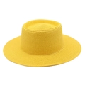 Detailed weave of a bright yellow straw boater hat with a flat top for summer sun protection - M (56-58cm) / Yellow