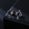 Gothic cross stud earrings with bat wings and black center stone for men and women - Single Piece / Silver