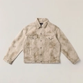 Close-up of khaki denim jacket with vintage paint splatter and heavy canvas texture - Wild Brown