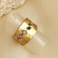Wide gold-plated ring with handcrafted hammered texture and five colorful zircons - Ring (JZ-YS326) / Gold