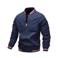 Men's navy bomber jacket with red white blue striped cuffs and silver front zipper - M / Blue