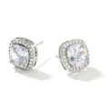 Macro shot of silver halo stud earrings with square cubic zirconia and size dimensions - White Zirconia
