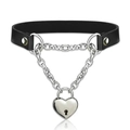 Black leather choker necklace with silver metal chain and heart padlock pendant detail - Heart Lock Black Leather Necklace