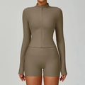 Two-piece ribbed yoga set with zip jacket and high-waisted shorts in coffee brown - S / Jacket + Shorts / Light Coffee