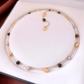 Double-layer pearl and tiger eye beaded necklace with Saturn charm in vintage gold finish - 28# Gold-Coffee-Real Gold Plated
