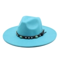 Detail of wide brim fedora hat with turquoise stone and silver studs on black band - M (56-58cm) / Lake Blue