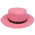 Pink flat top straw hat with black leather band and silver star studs on white background - Five-pointed Star Studded Band Style (301N)