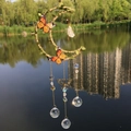 Handmade moon dream catcher wind chime with green leaves and orange butterflies - White Crystal