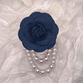 Navy blue fabric camellia flower brooch with dangling white pearls for elegant suits - With Pearl Tassel / Navy Blue