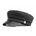 Classic black wool newsboy cap with synthetic leather brim and silver anchor button details - Black