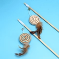 Interactive wooden cat wand set with elastic string, colorful bell ball, and natural feathers - Paper Rope Lollipop