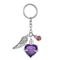 Close-up of heart urn keychain with wings and Always on my mind engraving - Purple