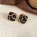 Detail shot of leopard print square earrings with gold frame and faux fur texture - 21# Silver Needle - Coffee - Square - Leopard Border