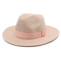 Detail of classic beige woven straw Fedora hat with a peach pink silk ribbon band - M (56-58cm) / Pink