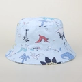 Detail of light blue cotton sun hat with colorful dinosaur and palm tree prints - Little Dinosaur No.5