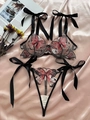 Ensemble lingerie en tulle noir avec broderie papillon rose et nœuds en satin - S / Rouge