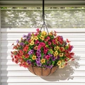 Hanging basket with colorful artificial petunias in a black metal frame and coco liner - Multicolor Red Yellow Purple Rose-25cm