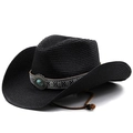 Black western straw cowboy hat with turquoise bead and decorative band for outdoor wear - Black
