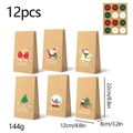 Set of 12 Kraft paper Christmas gift bags with festive cartoon designs and seal stickers - 12-Piece Set (6 Designs x 2 Each)