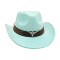 Light blue faux suede cowboy hat with brown leather band and silver bull head emblem - Emerald Green