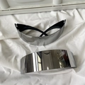 Y2K futuristic cycling sunglasses with silver mirror lenses and wide black temples - One-piece Semicircle White Mercury