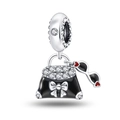 Silver charm featuring a black enamel handbag and sunglasses with a red heart and CZ stones - Travel Bag Pendant
