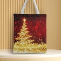 Close-up of golden Christmas tree print on high-quality red canvas tote bag fabric - Style 55