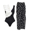Elegant black ruffle swimwear with white polka dot wrap skirt and structured shoulder - S / One-Piece Set (Black One Shoulder Large Ruffle One-Piece Swimsuit + Polka Dot Skirt)