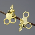 Creative S925 sterling silver honeybee and honeycomb stud earrings in golden finish - Gold