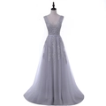 Detail of V-neck evening gown with lace appliques and multilayered tulle A-line skirt - S / Gray