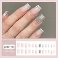 French style light pink press-on nails with shiny rhinestones, 24 pieces set DZ391-B7 - Jelly Glue Type / DZ391-B7 Square Tip with Rhinestones
