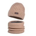 Winter-Strickmütze und Schal-Set in Khaki mit warmem grauen Fleece-Futter - Khaki