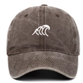 Close-up of wave embroidery on vintage washed brown denim baseball cap with vent holes - One Size / Coffee