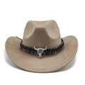 Classic western beige suede cowboy hat with ethnic woven band and silver bull skull ornament - M (56-59cm) / Dark Khaki Suede