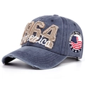 Detail of vintage navy blue denim cap with 1964 embroidery and distressed frayed edges - Adjustable / Navy Blue