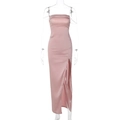 Detail of dusty pink satin dress showing sleek slim fit cut and elegant high side slit - S / Pink