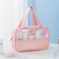 Pink waterproof travel makeup bag with transparent PVC window and sturdy handles - Medium / Pink