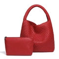 Red hand-woven hobo bag set with matching zipper pouch and intricate leather texture - China Red