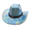 Macro view of blue iridescent snakeskin texture and metal bull head pendant on western cowboy hat - M(56-58cm) / Lake Blue