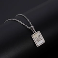 Silver stainless steel necklace with square M-letter shell inlay pendant on dark leather - Silver Letter M