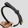 Dark blue denim knotted headband with gold stitching and side button accessory - Dark Blue