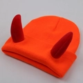 Orange knitted beanie with red devil horns decoration for a bold winter accessory look - Adult One Size - Elastic / Red Horn - Bright Orange Hat