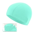 Water green adult swimming cap in polyester fabric with transparent plastic packaging - Tiffany Blue Flatlock Stitching