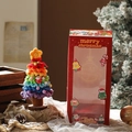 Handmade rainbow crochet Christmas tree in a red gift box for festive desktop decor - Gift Box With Light String / Violet Blue