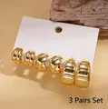 3 Pairs set of golden C-shaped geometric hoop earrings with textured grooved patterns - Gold Set (3 Pairs)